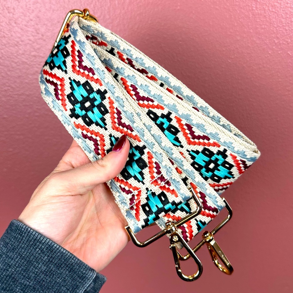 Ahdorned Interchangeable Embroidered Bag Strap in turquoise Aztec